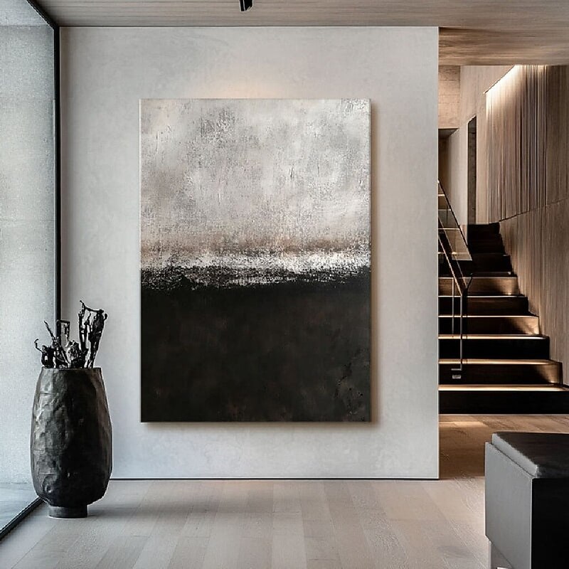 Handpainted White Black Textured Painting handmade Oversized 3D handmade Abstract oil painting Wall Art painting Large Minimalist black white textured Painting for Living Room bedroom Wall Decor Art