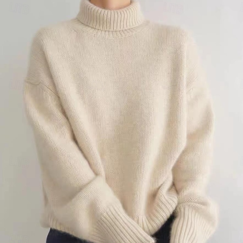 Women's Fuzzy Knit Oversized Sweater Turtleneck Sweater Oversized Work Daily Stylish Long Sleeve Solid Color White Khaki2