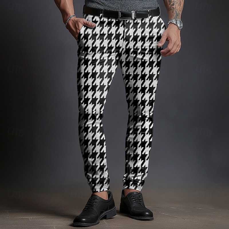 Men's Houndstooth Dress Pants Mid Waist Business Casual Formal Dailywear Zipper Pocket Summer Spring Fall 3D Print Black And White