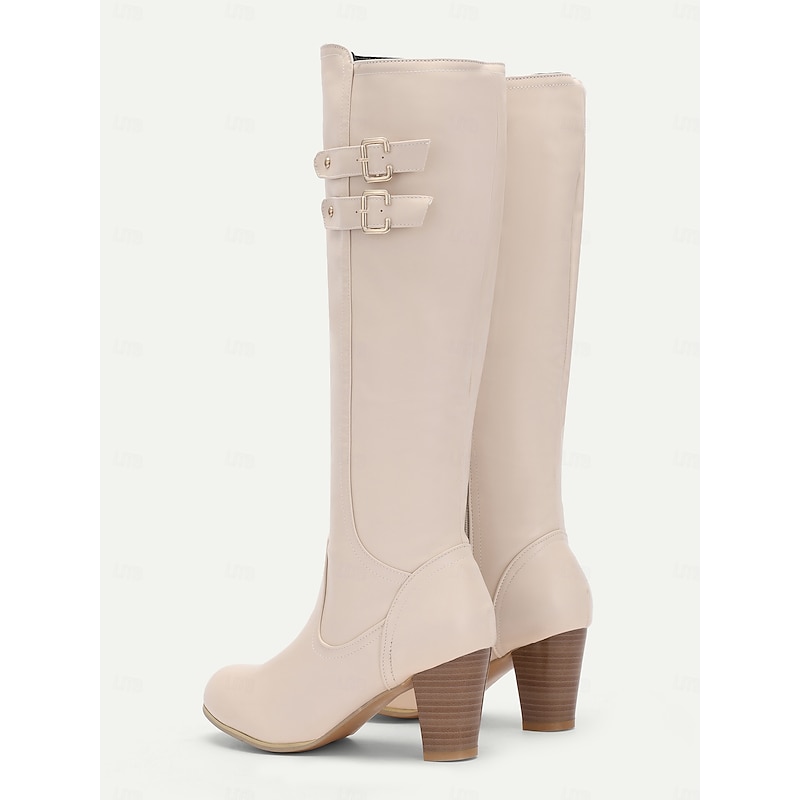 Women's Chic Knee-High Cream Boots – Sleek Design with Double Buckle Detail and Block Heel, Perfect for Fall and Winter Fashion3