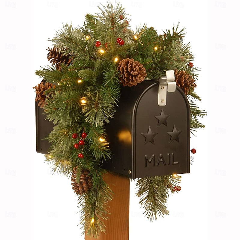 Christmas Pinecone Mailbox Garland with LED Lights,90cm Festive Wreath Branch & Vine Decoration for Home,Patio,Garden,Outdoor (Batteries Not Included)4