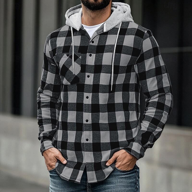 Men's Casual Shirt Flannel Shirt Thick Shirt Flannel Jacket Plaid Sports & Outdoor Street Black Red Blue Purple Long Sleeve Hooded Winter Spring & Fall Clothing Apparel Check Pattern 12