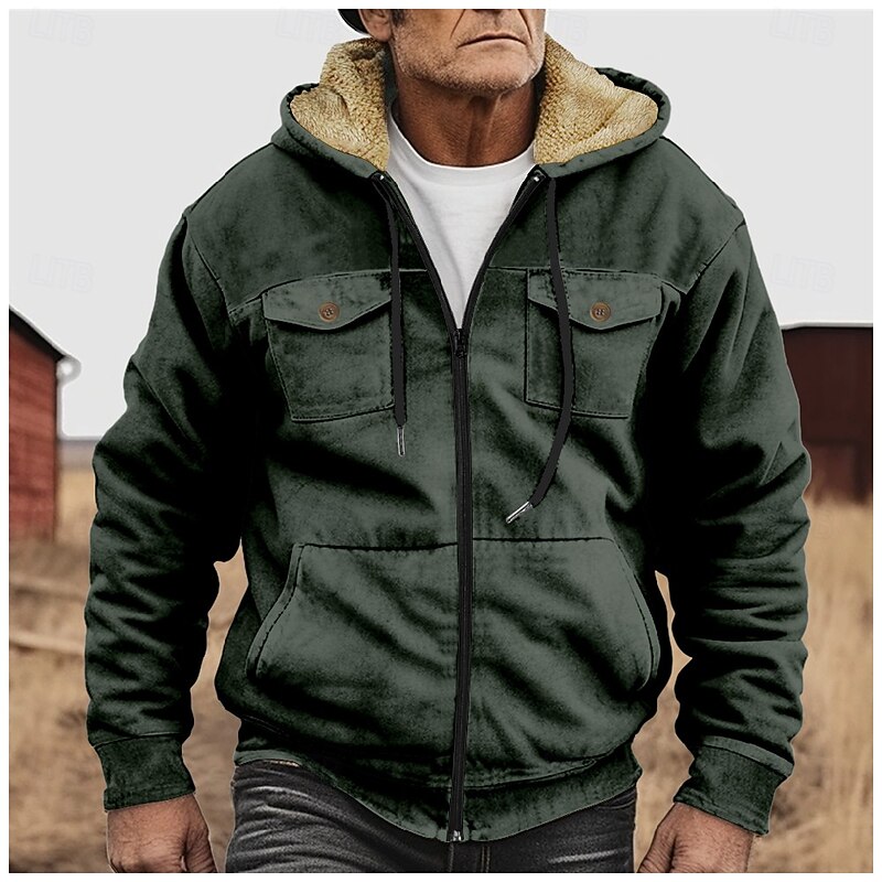 Men's Full Zip Hoodie Zip Up Hoodie Fuzzy Sherpa Fleece Jacket Fleece Hoodie Army Green Blue Camel Green Gray Hooded Plain Zip Up Zipper Pocket Sports & Outdoor Daily Weekend Polyester Vintage Cool3