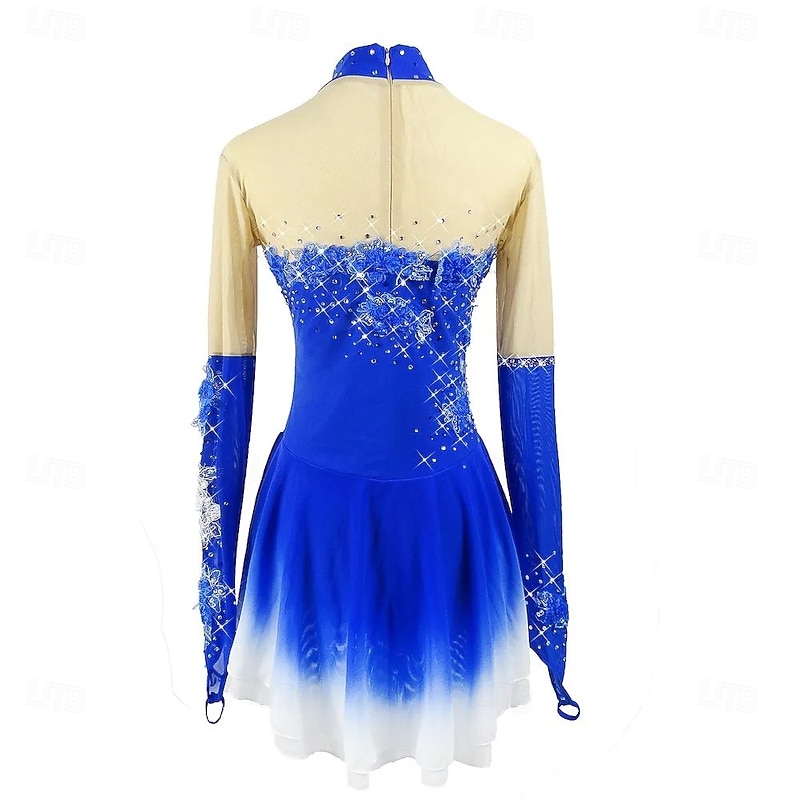 Figure Skating Dress Women's Girls' Ice Skating Skirt Blue Flowers Gradient Skirts High Elasticity Training Competition Skating Wear Multi Color Crystal / Rhinestone Long Sleeve Ice / Kids2
