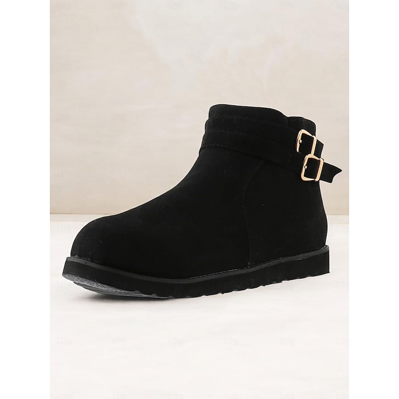 Women's Black Buckle Faux Suede Ankle Boots – Casual Flat Winter Boots with Double Strap for Everyday Comfort3