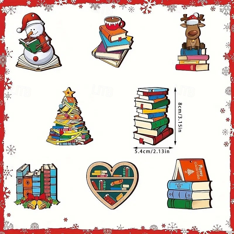 24pcs Christmas Book Decoration Set, Vintage Wooden Tree Ornaments with Snowman, Reindeer, and Bells, Perfect for Holiday and Everyday Décor3