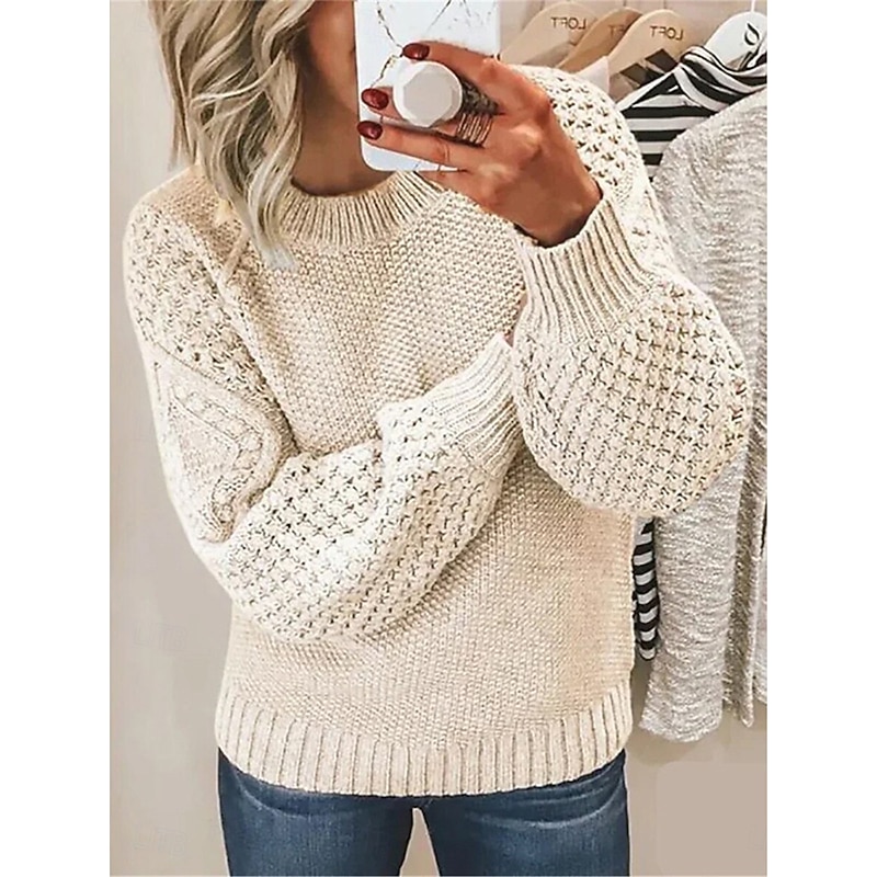 Women's Sweater Pullover Sweater Jumper Casual Soft Pure Color Cable Crew Neck Knitted Long Sleeve Regular Tops Knit Outdoor Daily Weekend White Pink Fall Winter2