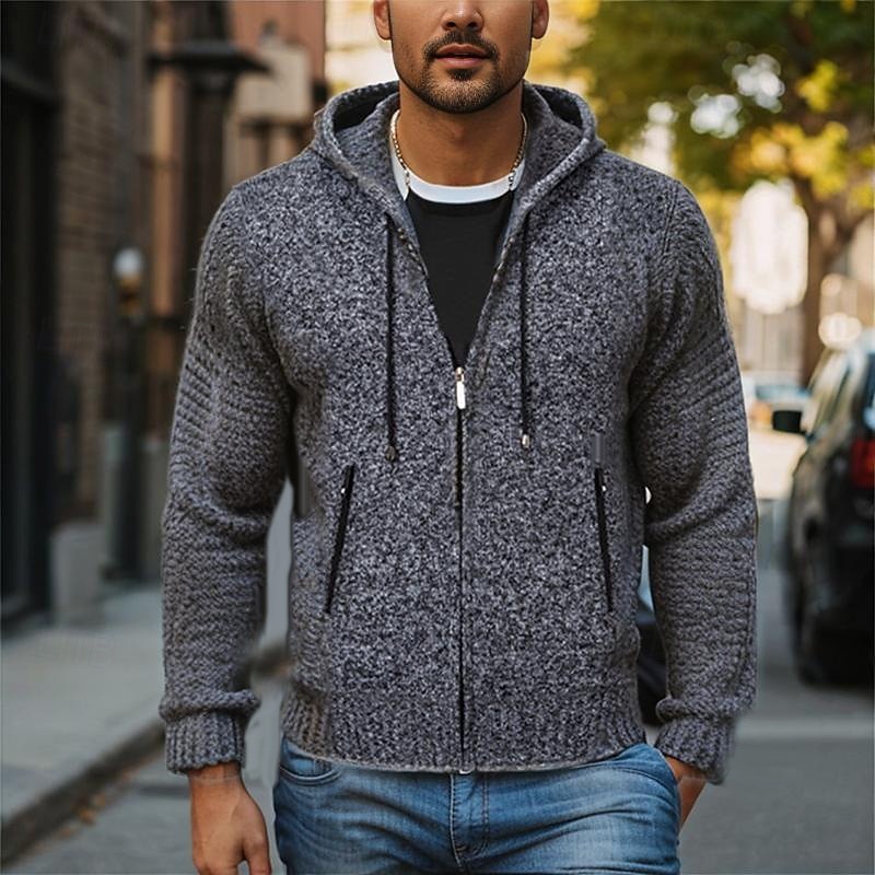 Men's Cardigan Ribbed Chunky Knit Regular Color Block Ribbed Solid Color Hooded Knitwear Elegant Home Work Clothing Apparel Bishop Sleeve Spring Fall Navy Blue Brown M L XL