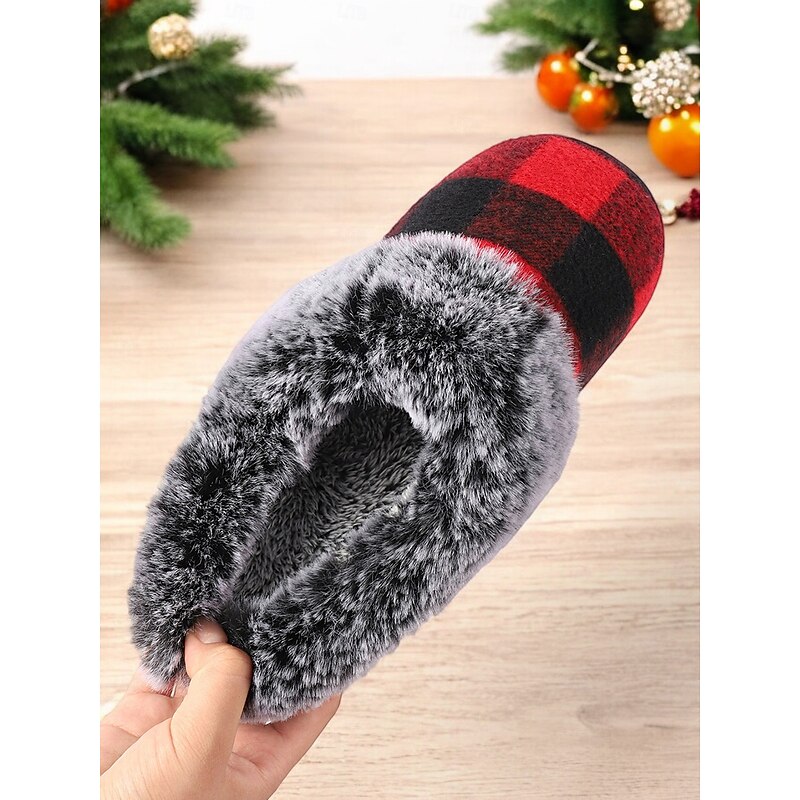 Women's Cozy Fleece-Lined Plaid Slippers - Red and Black Buffalo Check House Shoes with Faux Fur Collar for Winter Comfort3