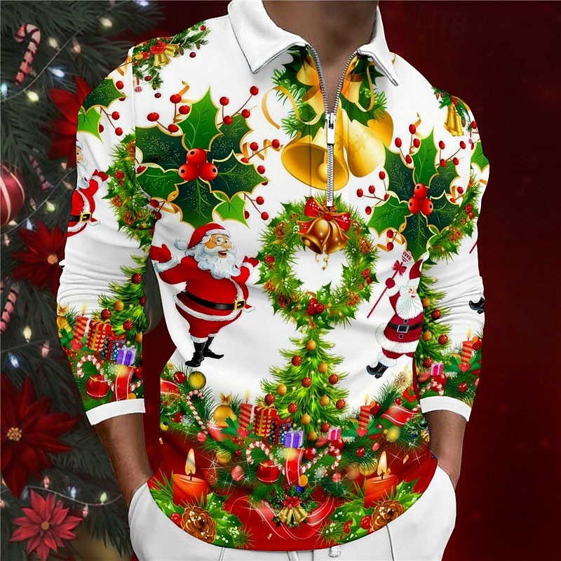 Christmas Men's Christmas Scene 3D Zipper Polo Santa Claus Casual Print 3D Zip Golf Outdoor Casual Daily Streetwear Polyester Long Sleeve Turndown Zip Shirts White Fall & Winter S M L Lapel Polo