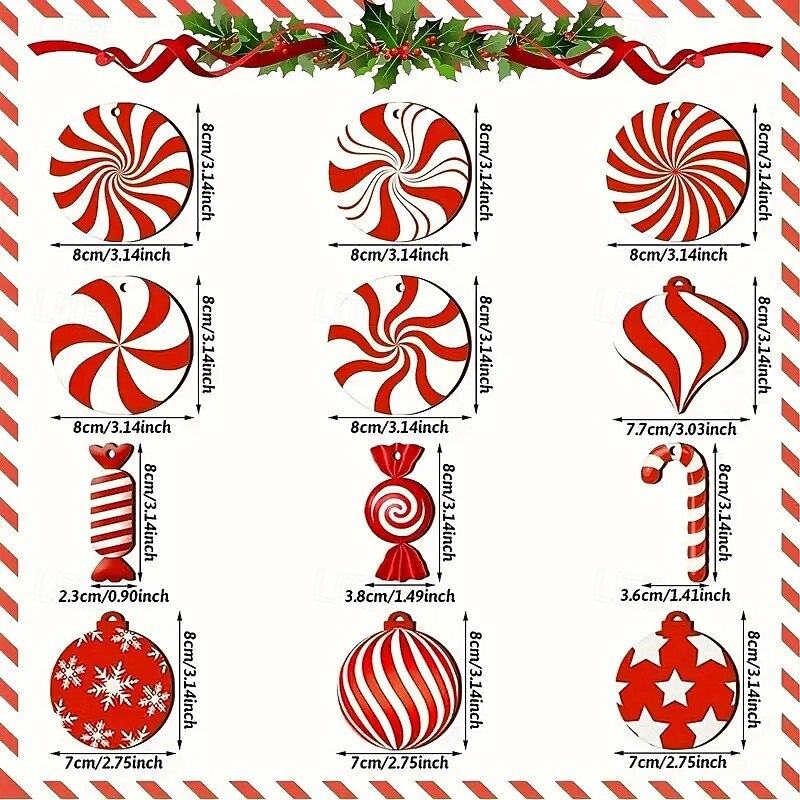 24pcs Christmas Wooden Ornaments, Peppermint Candy Cane Hanging Decorations with Peppermint Design, Perfect for Holiday Tree, Home, and Party Decor3