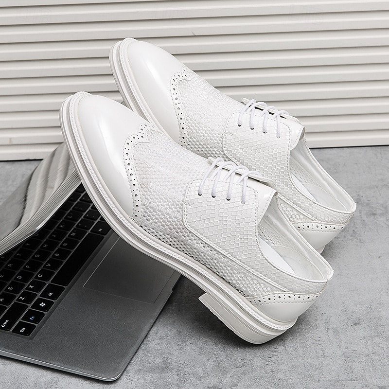 Men's White Mesh Lace-Up Oxford Shoes with Crocodile Pattern, Lightweight Breathable Dress Shoes for Summer Formal and Casual Wear2