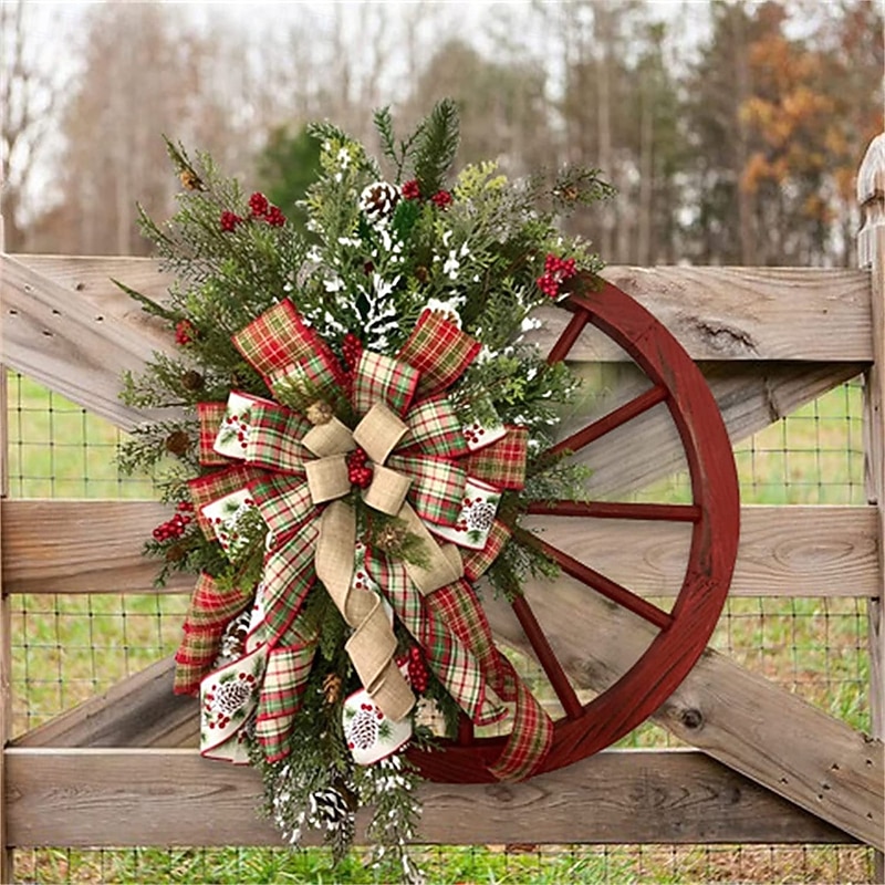 Winter Wreath-Farmhouse Wagon Wheel Red Wagon Wheel Christmas Wreath Vintage Farmhouse Wreath Design Decoration for Front Door Wall 40cm4