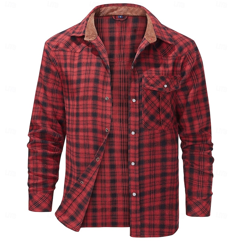 Men's Shirt Flannel Shirt Overshirt Plaid Outdoor Street Red Dark Navy Green Khaki Long Sleeve Collar Winter Spring &  Fall Clothing Apparel2