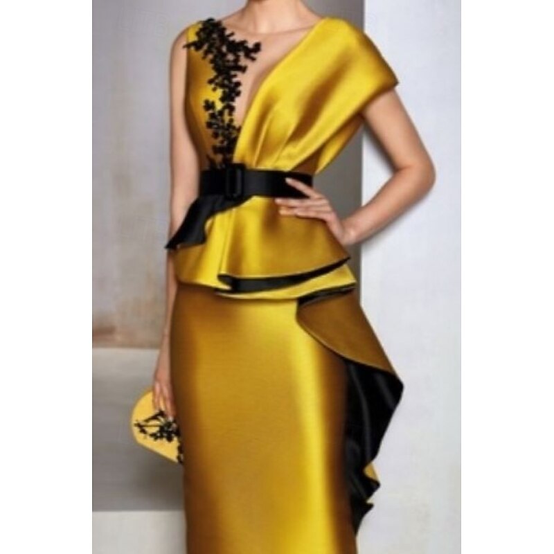 Sheath Mother of the Bride Evening Gown Elegant Dress Formal Wedding Guest Floor Length Short Sleeve V Neck Satin with Ruffles Embroidery Appliques3