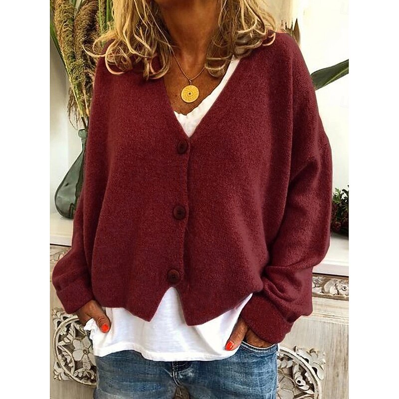 Women's Sweater Cardigan Casual Soft Pure Color Ribbed V Neck Buttons Knitted Long Sleeve Regular Tops Knit Outdoor Daily Weekend Wine Green Fall Winter3