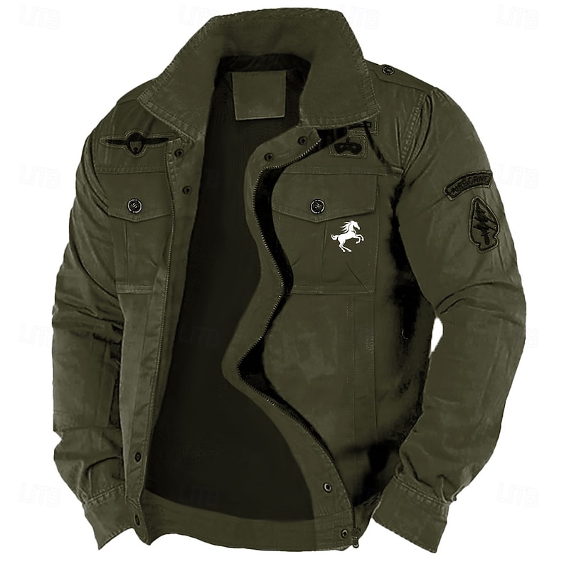 Men's Cotton Embroidered Military Jacket Cargo Jacket with Shoulder Straps Long Sleeve Standing Collar Multi-Pockets Coat Trucker Jacket Animal Horse Print Tactical Outerwear3