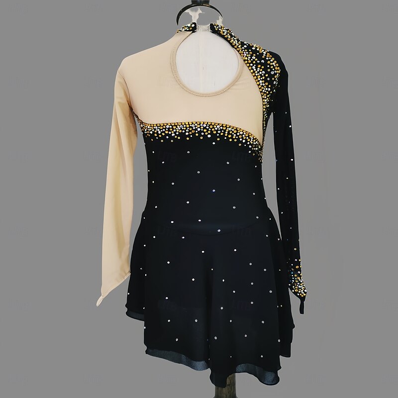 Figure Skating Dress Women's Girls' Ice Skating Dress Black Thumbhole Asymmetric Hem Mesh Spandex Stretchy Training Practice Professional Skating Wear Thermal Warm Classic Crystal / Rhinestone Long2