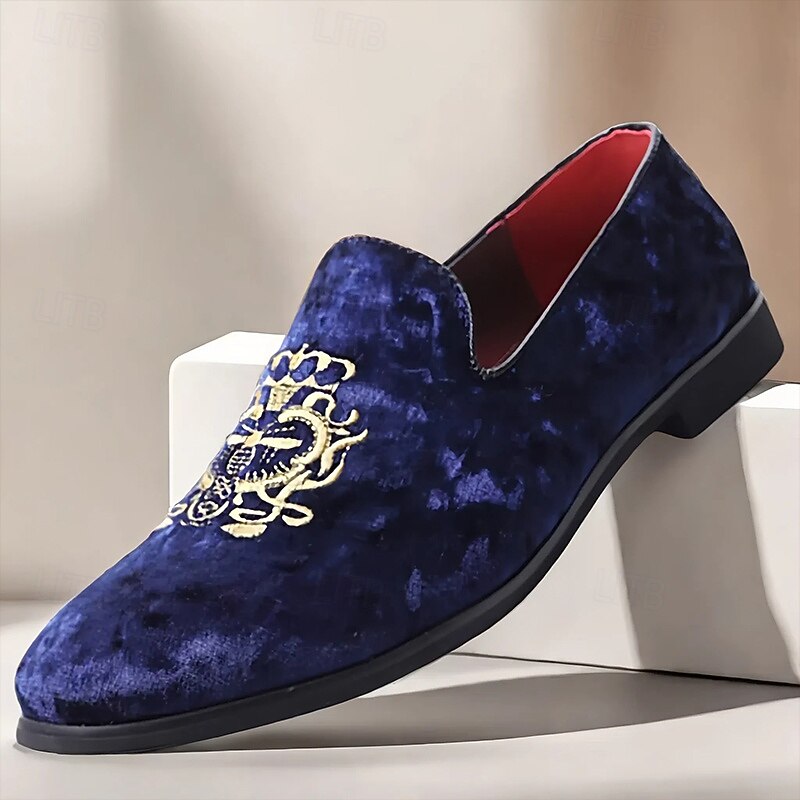Men's Navy Blue Velvet Loafers with Gold Embroidery - Elegant Slip-On Shoes for Formal Events & Parties