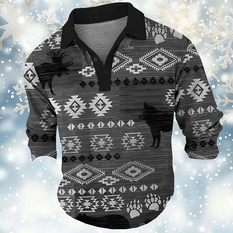 Men's Tribal Waffle Polo Shirts Golf Shirt Long Sleeve Polo Shirts Collared Shirts Vintage Casual Vacation Wear Party Outfits Buttons 3D Print Spring Fall Winter Black Red Blue4