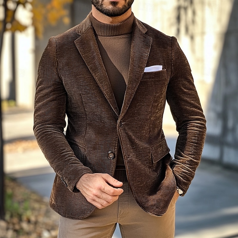 Men's Blazer Jacket Sport Coat Notch Collar Vintage Classic Solid Colored Blazer Brown Standard Fit Single Breasted Two-buttons