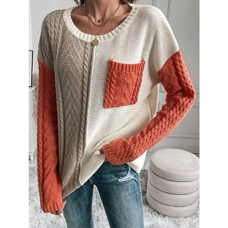 Women's Sweater Pullover Sweater Jumper Casual Soft Pure Color Cable Crew Neck Pocket Knitted Long Sleeve Regular Tops Knit Outdoor Daily Weekend Orange Green Fall Winter4