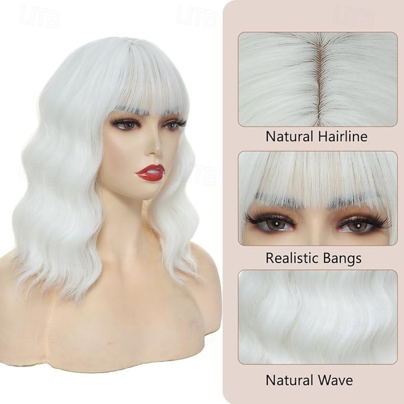 Wig Short Curly Wavy Wig with Bangs for Women Shoulder Length Bob Wig Women's Colorful Synthetic Heat Resistant Fiber Wigs for Cosplay Christmas Party Wigs2