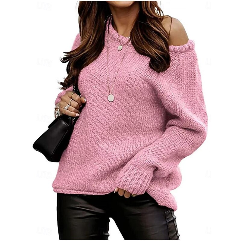 Women's Sweater Pullover Sweater Jumper Casual Soft Pure Color Ribbed Boat Neck Knitted Long Sleeve Regular Tops Knit Outdoor Daily Weekend Pink Brown Fall Winter