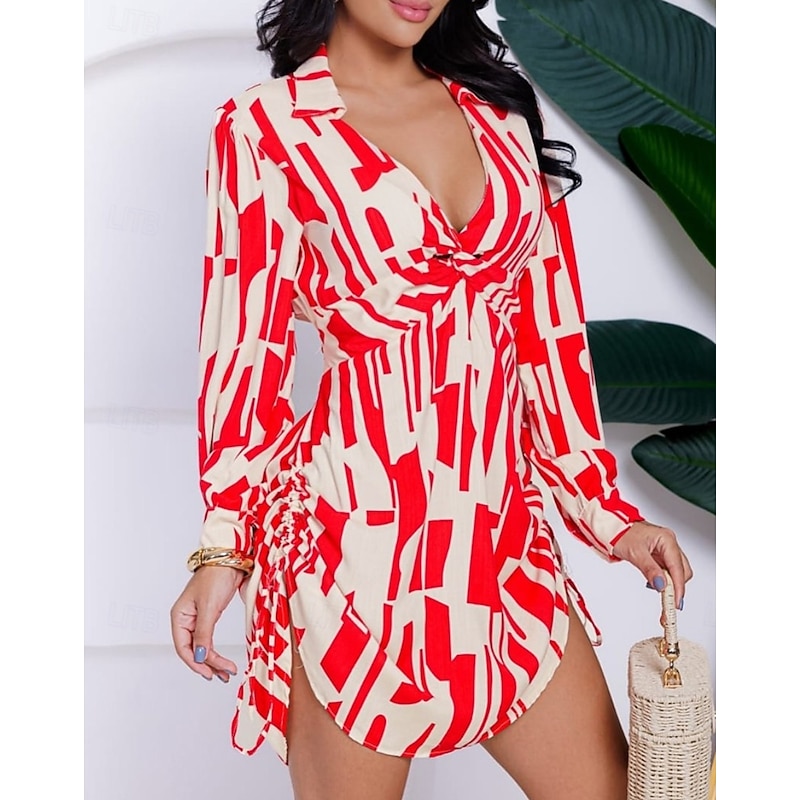 Women's Sheath Dress Geometric Drawstring Asymmetrical Hem V Neck Mini Dress Elegant Daily Long Sleeve Fall3