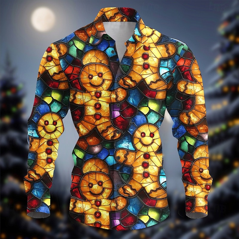Christmas Men's Gingerbread Shirt Button Up Shirt Long Sleeve Casual Party Evening Wear Daily Fall Winter Spring & Summer Shirt Collar Button Up 3D Print White Yellow Red Green Coffee