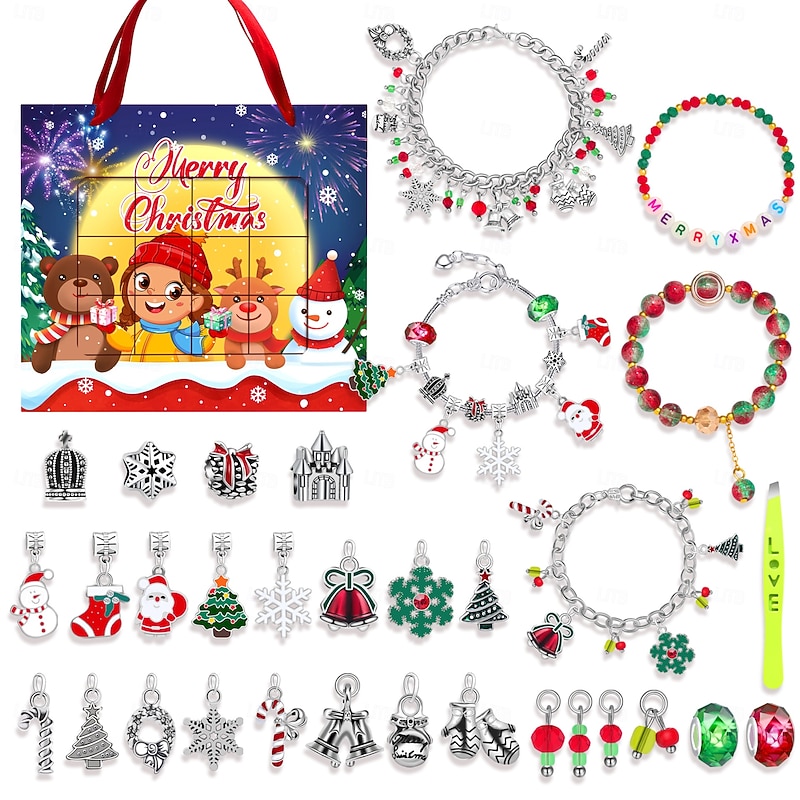 Christmas Advent Calendar Bracelets 2025 for Girls 24 Days Xmas Countdown Calendar DIY Jewelry Making Kit Gift  Charm Beads Bracelets for Kids Teens Women