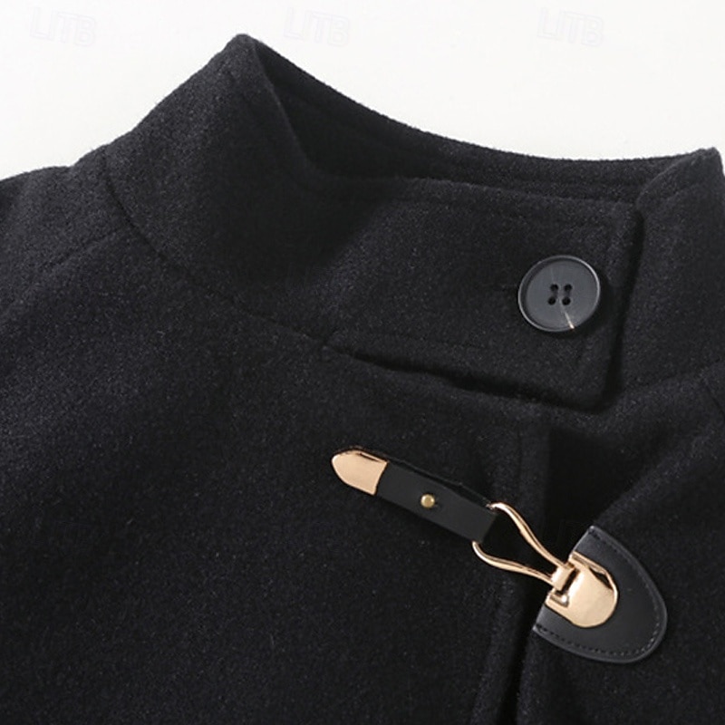 Kids Girls' Woolen Coat Long Sleeve Black Solid Color Button Fall Winter Fashion School 3-7 Years2