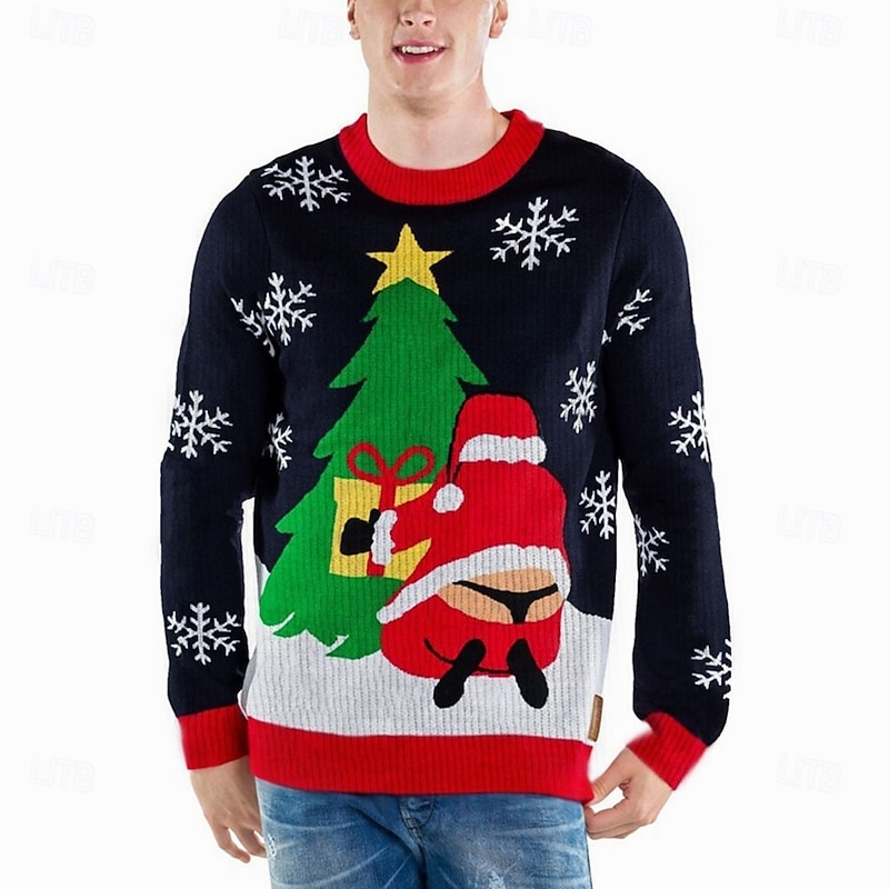 Ugly Christmas Sweater Men's Funny Sweaters Santa Claus Snowflake Print Knitting Pullover Jumper New Years Eve Sweater Outdoor Daily Long Sleeve Crewnecks Black Blue Fall Winter S M L3