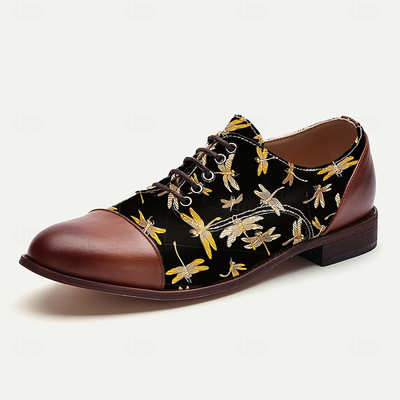 Men's Vintage Lace-Up Oxford Shoes - Black with Dragonfly Jacquard Fabric, Brown Faux Leather Toe Cap and Heel, Ideal for Casual and Retro Styles2