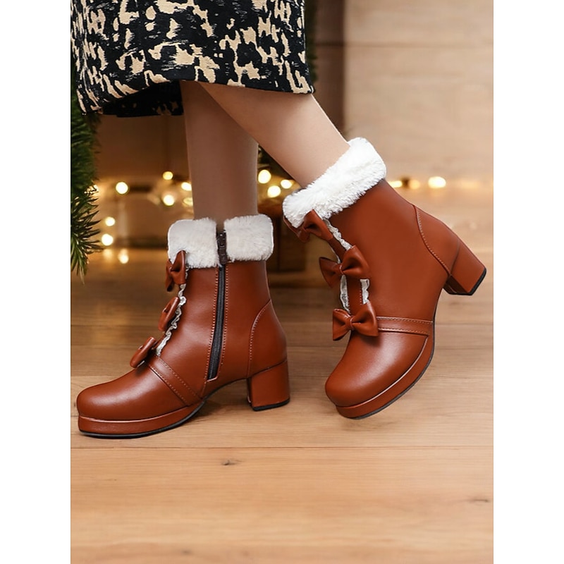 Women's Brown Ankle Boots with Fur Trim and Bow Details - Cozy and Stylish Footwear for Winter and Holiday Events2
