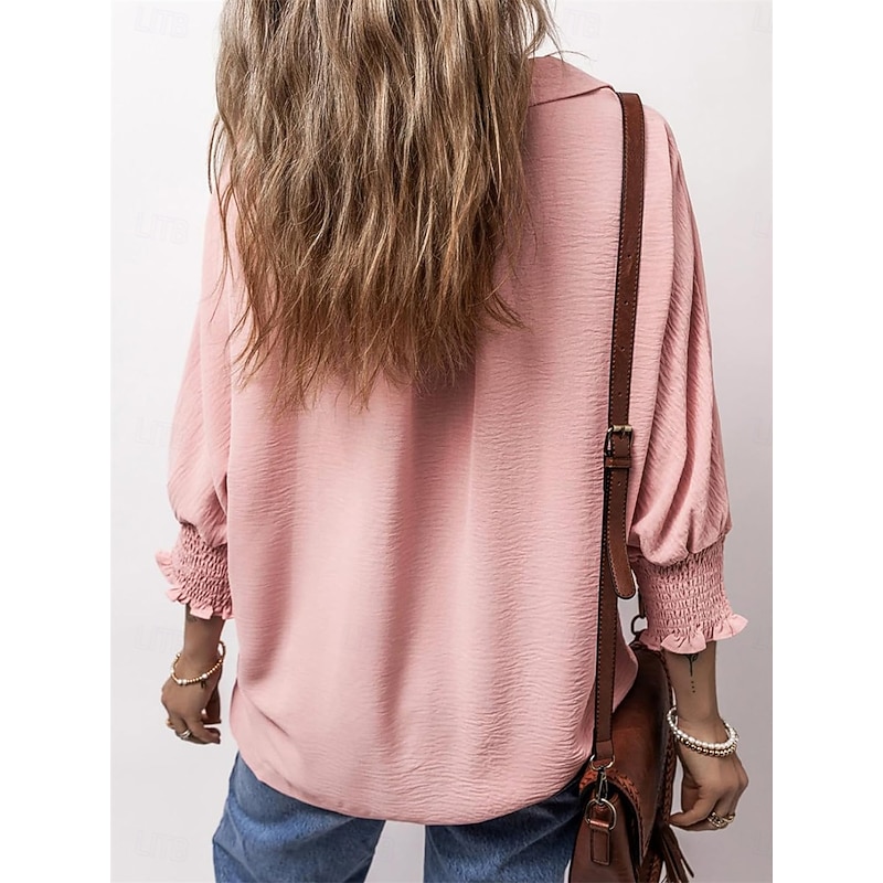 Women's Shirt Blouse Solid Color Basic Casual Long Sleeve V Neck Regular Tops Daily Patchwork Buttons Pink Blue Beige Fall Winter3