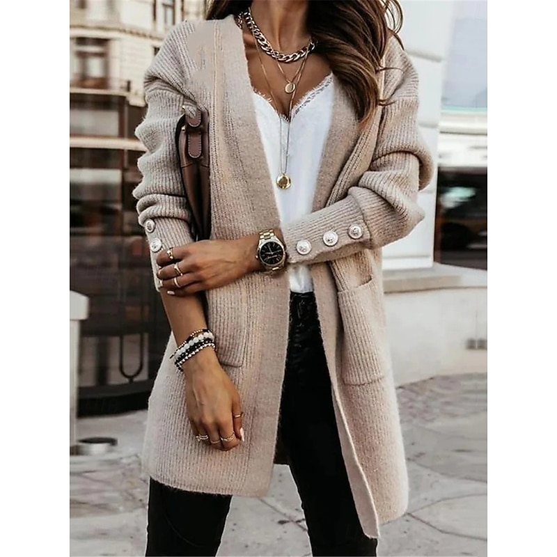 Women's Sweater Cardigan Casual Soft Pure Color Ribbed Open Front Buttons Pocket Knitted Long Sleeve Long Tops Knit Outdoor Daily Weekend Khaki Fall Winter - Main Image