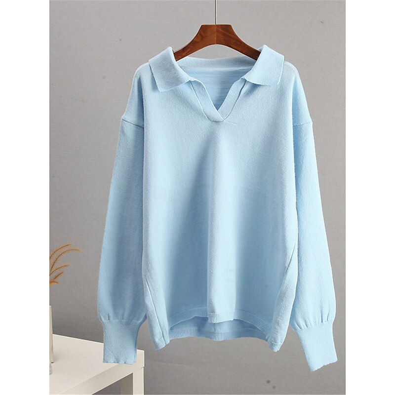 Women's Sweater Pullover Sweater Jumper Casual Soft Pure Color Ribbed Shirt Collar Knitted Long Sleeve Regular Tops Knit Outdoor Daily Weekend White Green Fall Winter4