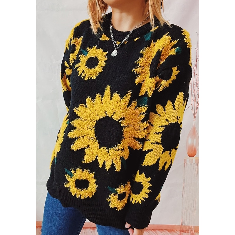 Women's Sweater Pullover Sweater Jumper Casual Soft Floral Ribbed Crew Neck Knitted Long Sleeve Regular Tops Knit Outdoor Daily Weekend Black Blue Fall Winter3