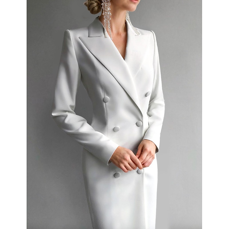 Tuxedo Dress Sheath Formal Wedding Guest Stretch Crepe Elegant Long Sleeve Tea Length Peak Lapel Double Breasted