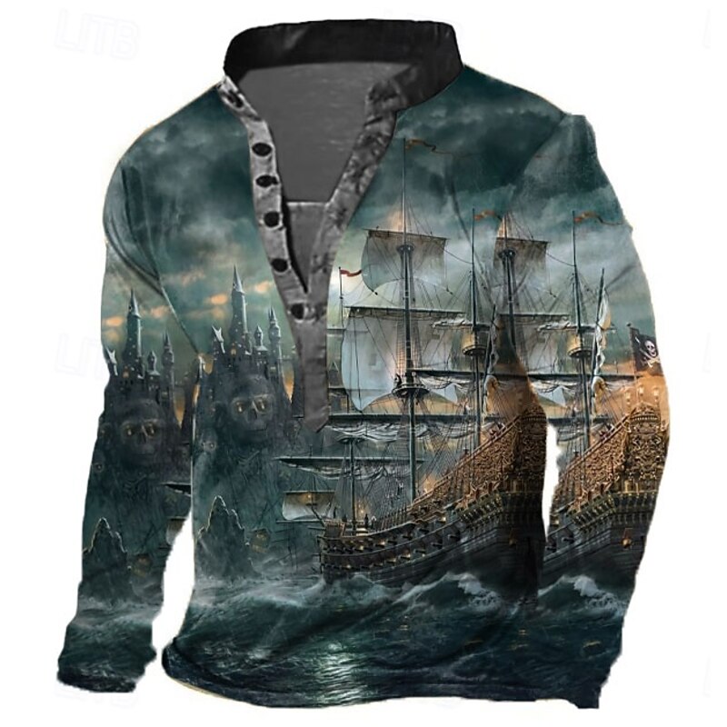 Men's Ship T Shirt Henley Shirt Long Sleeve 3D Print Retro Vintage Casual Vacation Daily Going out Summer Dark Blue Dark Gray Henley Henley T-Shirt4