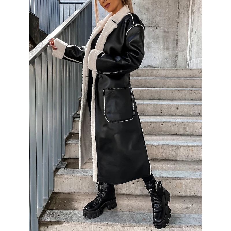 Women's Faux Leather Jacket Winter Coat Winter Jacket Windproof Warm Work Street Daily Wear Vacation Pocket Single Breasted Turndown Casual Street Style Solid Color Loose Fit Outerwear Long Sleeve2