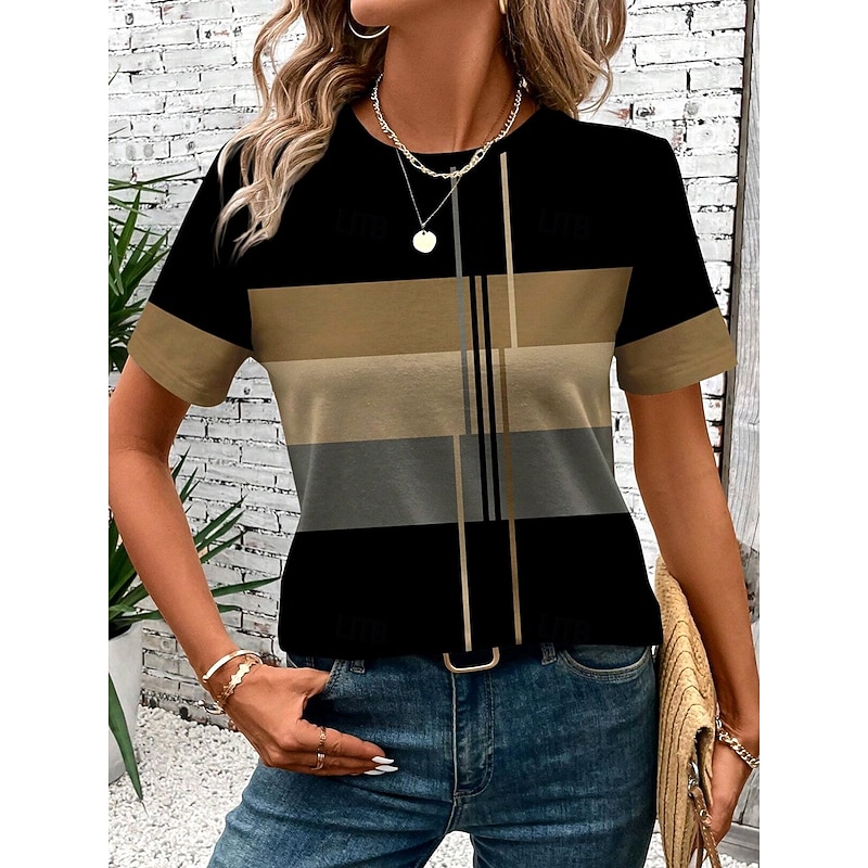 Women's T Shirt Casual Striped Print Short Sleeve Regular Tops Round Neck Daily Green Summer
