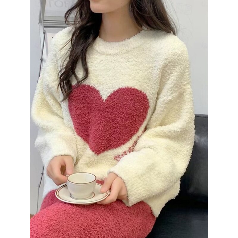 Women's Pajamas Loungewear 2 Pieces Heart Warm Comfort Home Daily Fleece Warm Breathable Crew Neck Long Sleeve Pullover Pant Fall Winter Home Outfits4