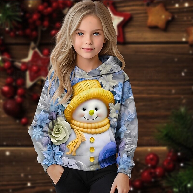 Girls' 3D Graphic Snowman Hoodie Long Sleeve Fall Winter Fashion Adorable Basic Kids 4-12 Years Hooded Outdoor Casual Daily Regular Fit2