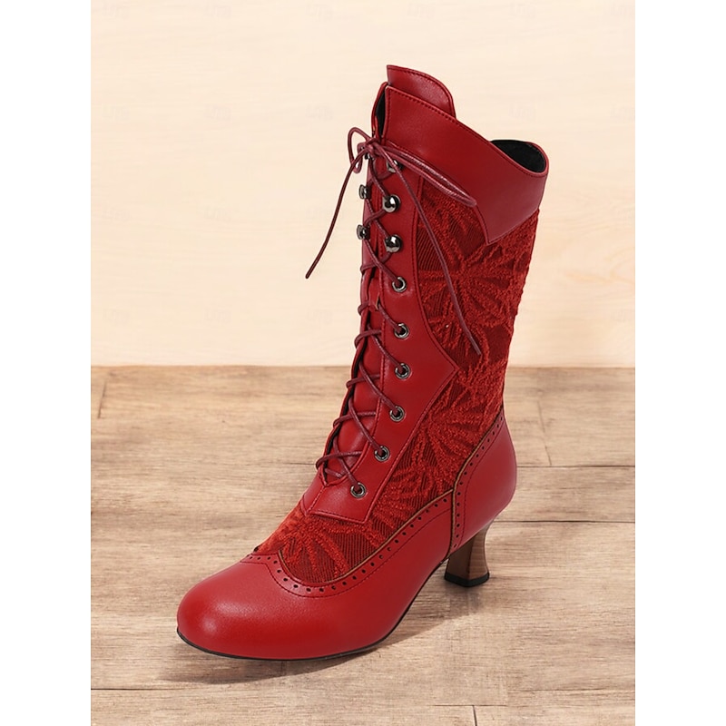 Women's Victorian Lace-Up Mid-Calf Boots with Vintage Lace Design and Faux Leather Accents - Retro Style for Cosplay, Formal Events, and Everyday Wear 19