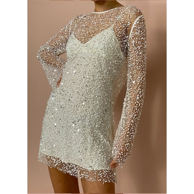 Women's Mini Dress Sequin Dress Vintage Dress Elegant Dress Elegant Retro Daily Evening Party Holiday Regular Fit Polka Dot Long Sleeve V Neck White Fall Winter3