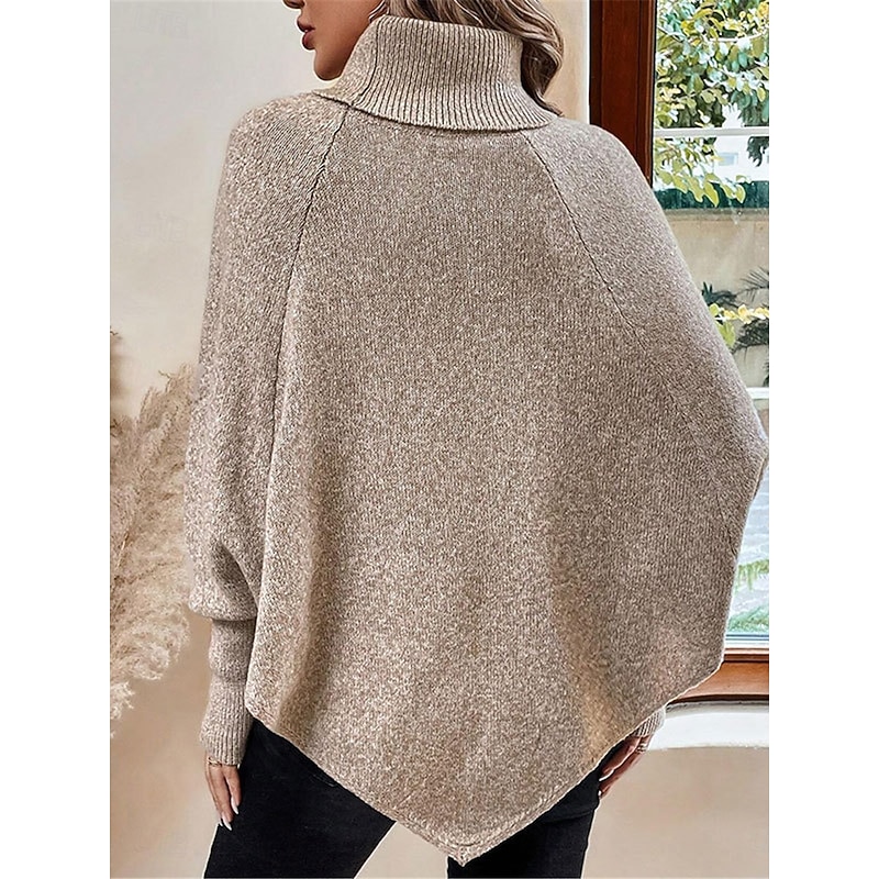 Women's Sweater Pullover Sweater Jumper Casual Soft Pure Color Ribbed Turtleneck Buttons Knitted Batwing Sleeve Long Sleeve Regular Tops Knit Outdoor Daily Weekend Khaki Fall Winter2