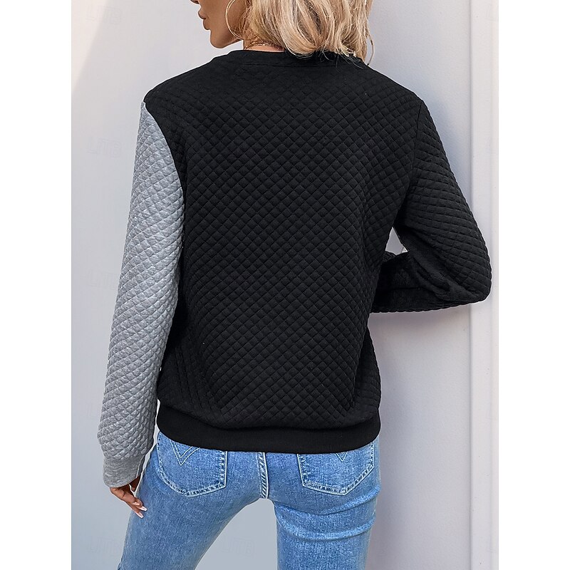 Women's Texture Sweatshirt Waffle Sweatshirt  Pullover Plain V Neck Buttons Long Sleeve Black Spring Fall4