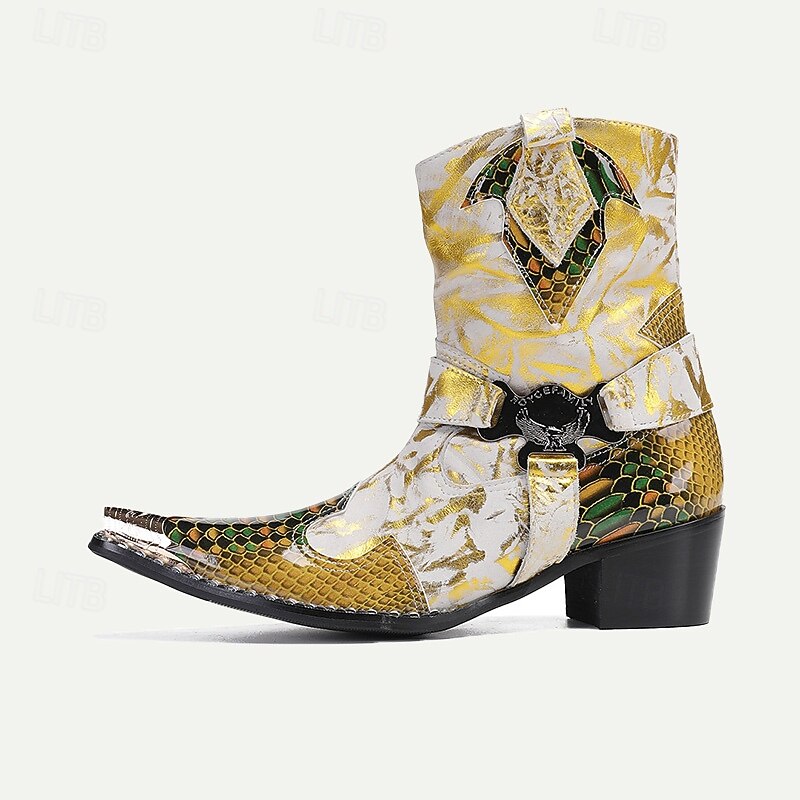 Men's Gold Snakeskin Leather Motorcycle Boots – Western Style Pointed Toe Ankle Boots with Buckle Straps and Bold Metallic Accents3